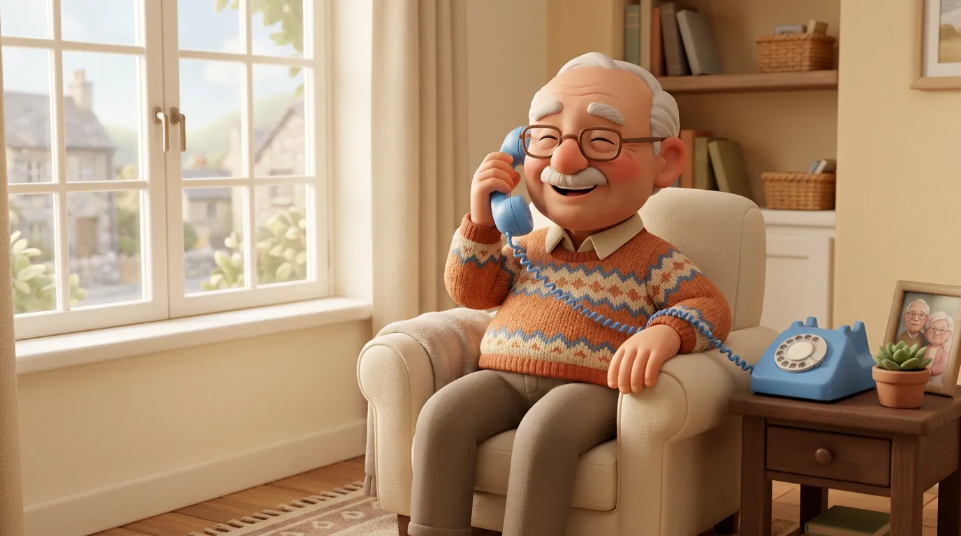 Un señor mayor sonriente, sentado en un sillón junto a una ventana, hablando por un teléfono vintage en azul Companela.